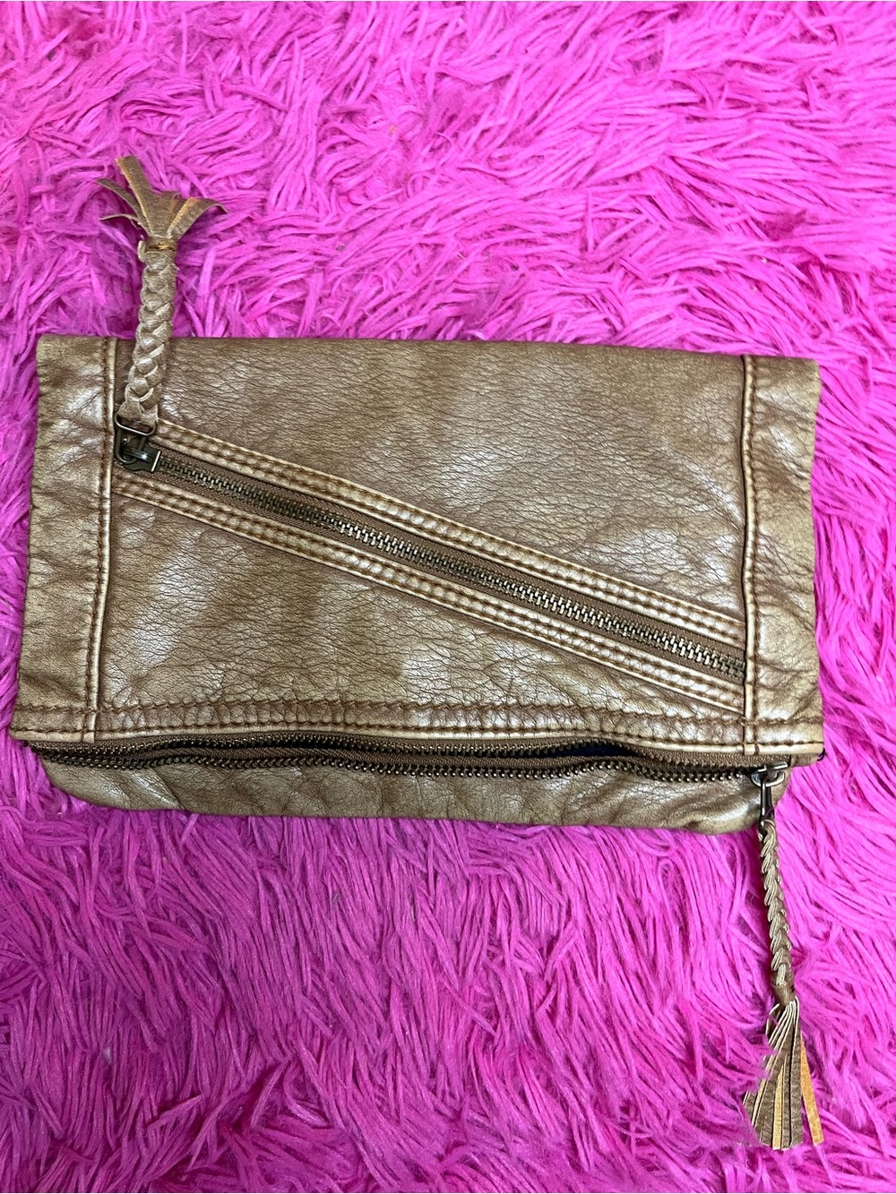 Converse Metallic Tan Fold-Over Clutch with Braided Tassels